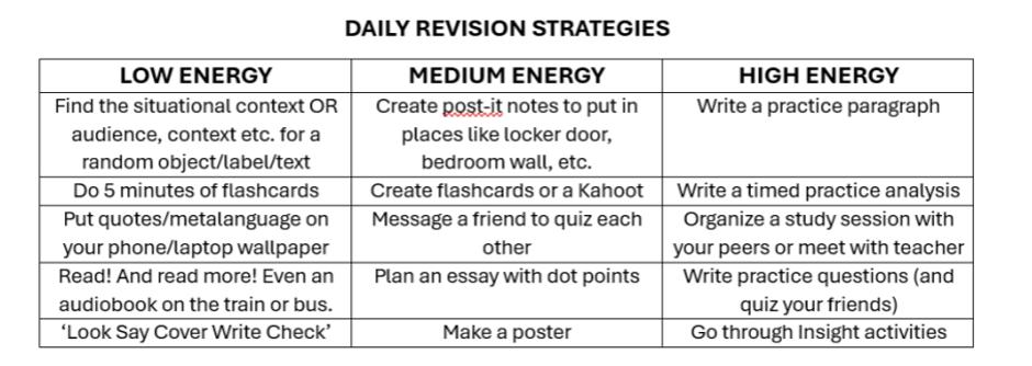 Build daily revision habits that match the student's energy level. On low-energy days, do a small task; on high-energy days, practise full writing or timed analysis.