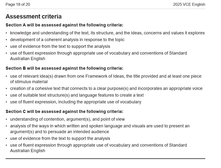The criteria help students see that high-scoring English is not just about long writing. Responses need knowledge, relevance, evidence, structure and control of expression.