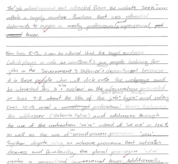 The response needs metalanguage, but metalanguage alone is not enough. Students explain how language choices connect to context, audience, purpose, identity and social meaning.