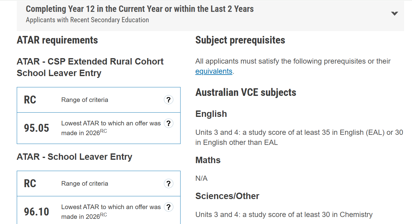 University entry example showing ATAR information alongside English and Chemistry subject prerequisites