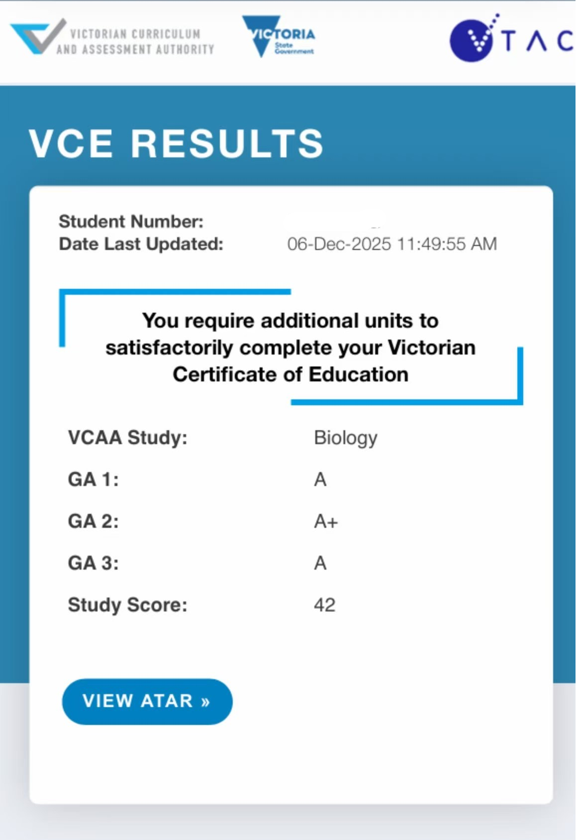 2025 Biology result showing a study score of 42