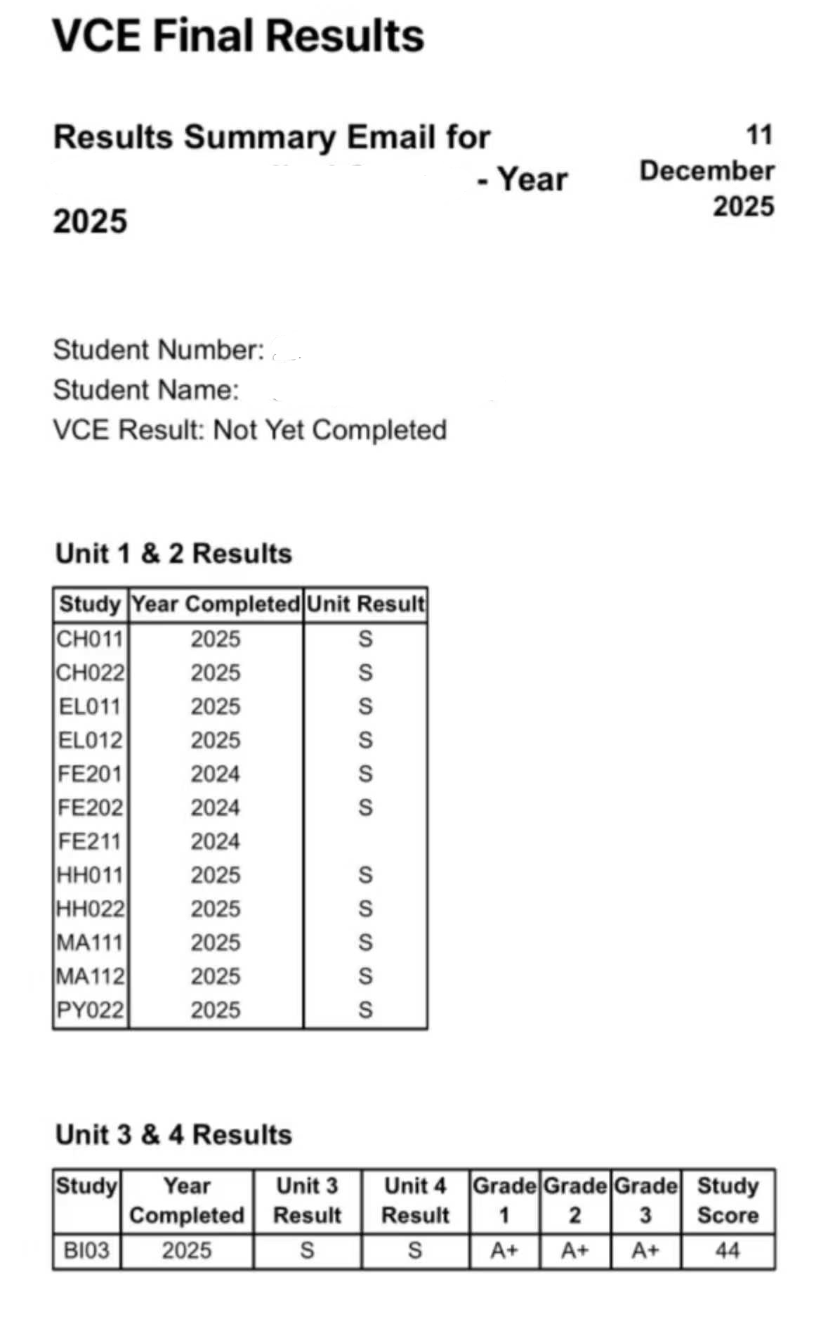 2025 Biology results showing a study score of 44 and three A+ grades