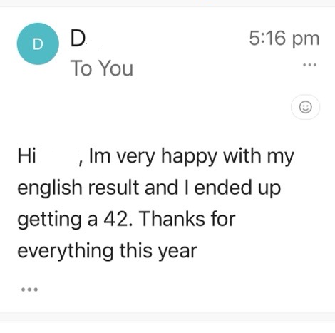 Student email reporting an English result of 42 and thanking their teacher