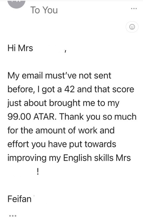 Student email reporting English 42 and an overall ATAR of 99.00