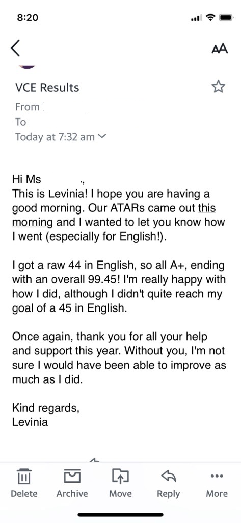 Student email reporting a raw English study score of 44 and an overall ATAR of 99.45