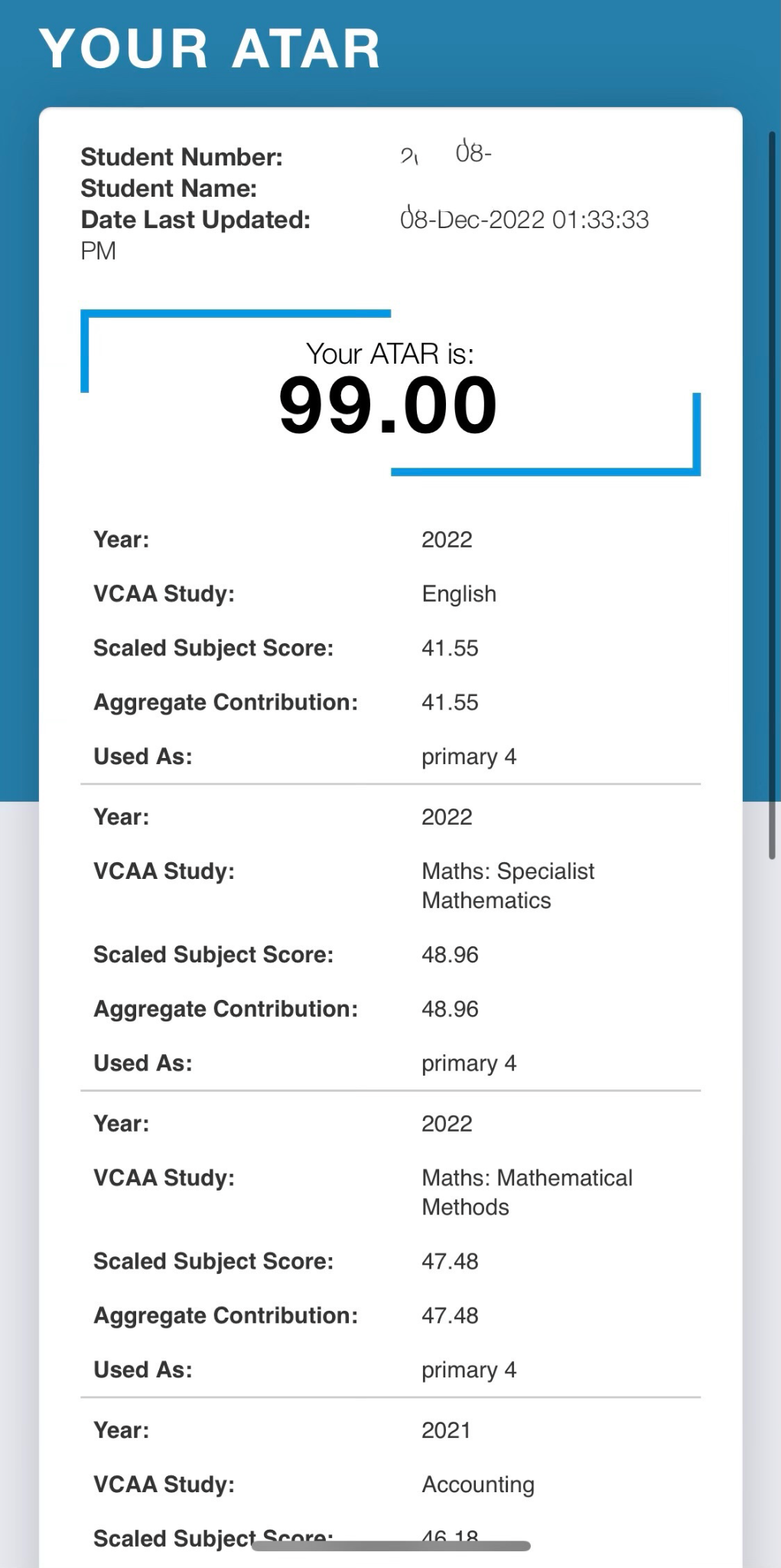 2022 ATAR statement showing 99.00 overall and a scaled English score of 41.55